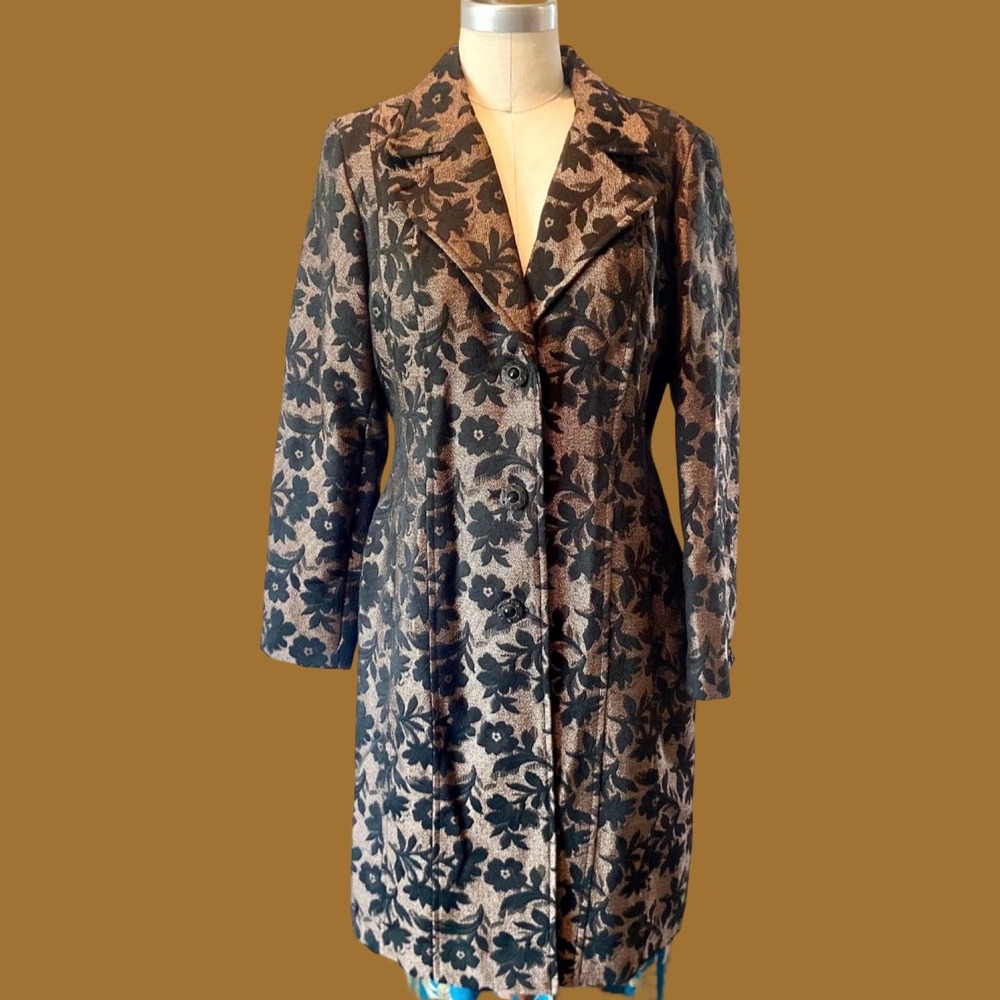 Vintage Brocade Trench Coat, Black Copper Metallic Floral, Size 12